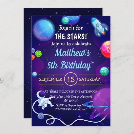 Buitenruimte 5th Birthday Blue Astronaut Planet Kaart (Voorkant / Achterkant)