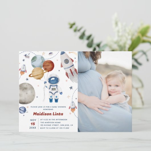 Buitenruimte Astronaut Boy Baby shower Foto Kaart (Staand voorkant)