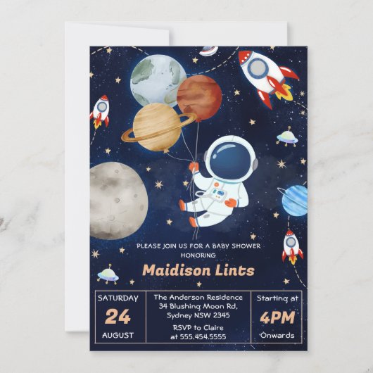 Buitenruimte Astronaut Boy Baby shower Party Kaart (Voorkant)