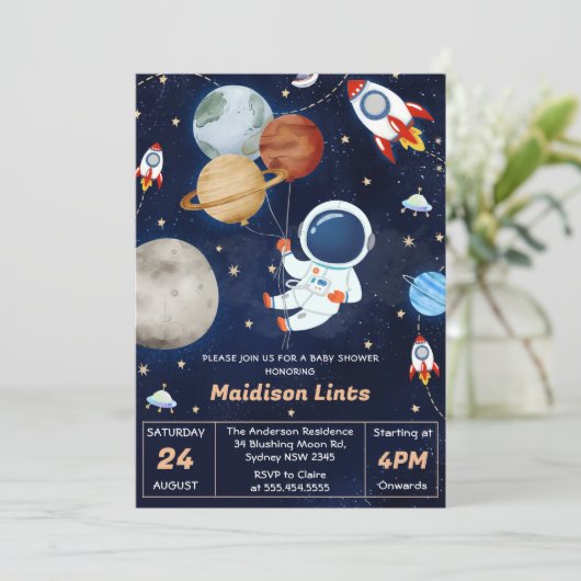 Buitenruimte Astronaut Boy Baby shower Party Kaart (Staand voorkant)