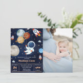 Buitenruimte Astronaut Boy Baby shower Party Kaart (Staand voorkant)