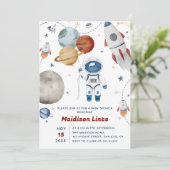 Buitenruimte Astronaut Boy Baby shower Party Kaart (Staand voorkant)