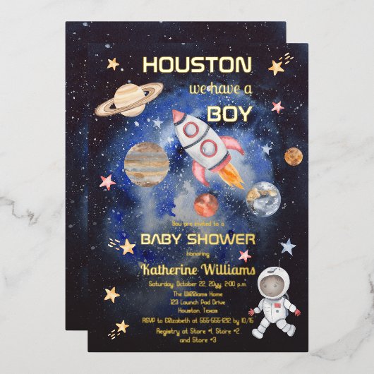 Buitenruimte Houston We hebben een Baby shower van Folie Uitnodiging (Voorkant / Achterkant)