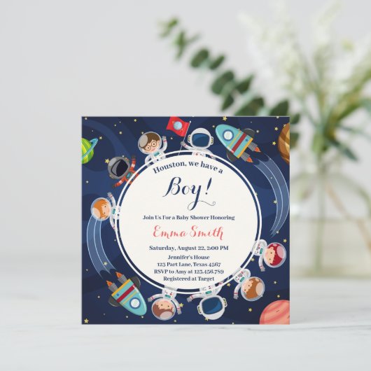 Buitenruimte Houston We Hebben Eén Jongen Baby Sho Kaart (Staand voorkant)