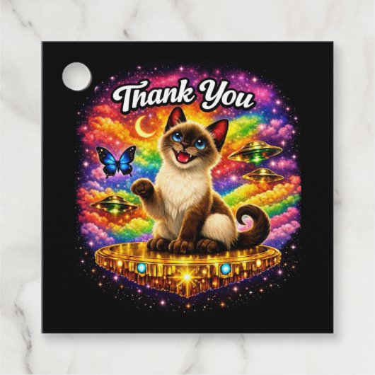 Buitenruimte Kosmische Regenboog Siamese Kat Dank Bedankjes Labels (Voorkant)