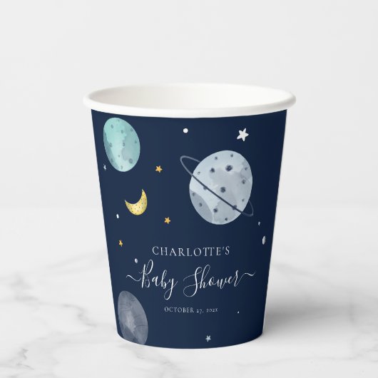 Buitenruimte Marine Blauw Modern Baby shower Papieren Bekers (Achterkant)