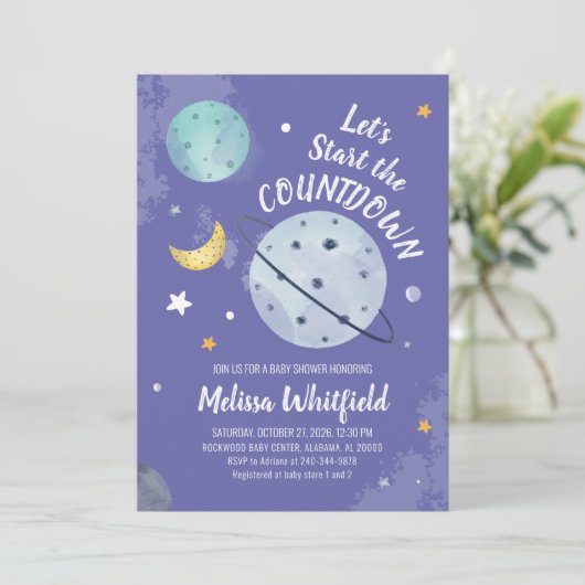 Buitenruimte Modern Script Planets Baby shower Kaart (Staand voorkant)