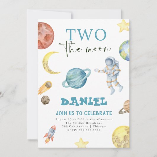 Buitenruimte Planeten 2e verjaardag uitnodiging (Voorkant)