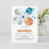 Buitenruimte Planeten Jongen 1e Verjaardag Uitnodi Kaart (Staand voorkant)