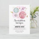 Buitenruimte Planeten Meisje Baby shower Invitatio Kaart (Staand voorkant)