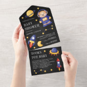 Buitenruimte Teddy Bear Astronaut Black Baby showe All In One Uitnodiging (Afscheurbaar)