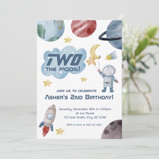 Buitenruimte Twee: de maan 2de verjaardag Uitnodig Kaart (Staand voorkant)