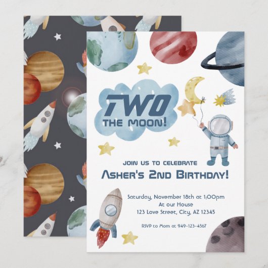 Buitenruimte Twee: de maan 2de verjaardag Uitnodig Kaart (Voorkant / Achterkant)