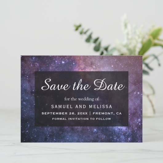 Buitenruimte Universum Galaxy Bruiloft Save The Date (Staand voorkant)