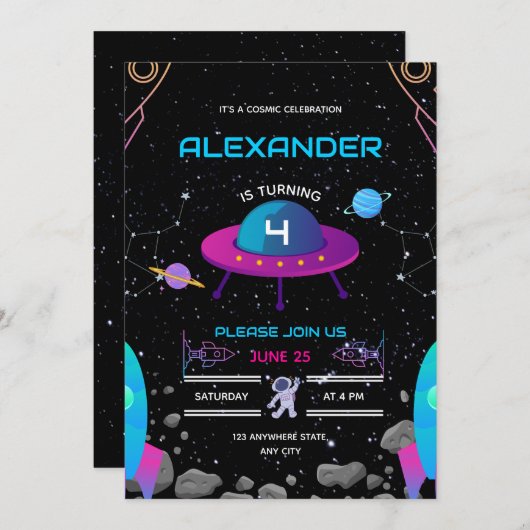 Buitenruimte Verjaardag Uitnodiging Galaxy Blast O (Voorkant / Achterkant)