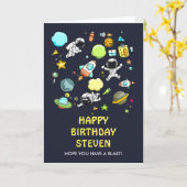 Buitenruimteastronauten en Rockets Pattern Birthda Kaart (Gele Bloem)