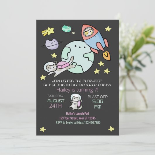 Buitenruimtecatten Verjaardagse uitnodiging Spint (Staand voorkant)