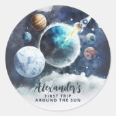 Buitenruimtecentrales en raketschild op zaterdag ronde sticker (Voorkant)