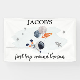 Buitenruimtetekens Jongen eerste verjaardag achter Spandoek