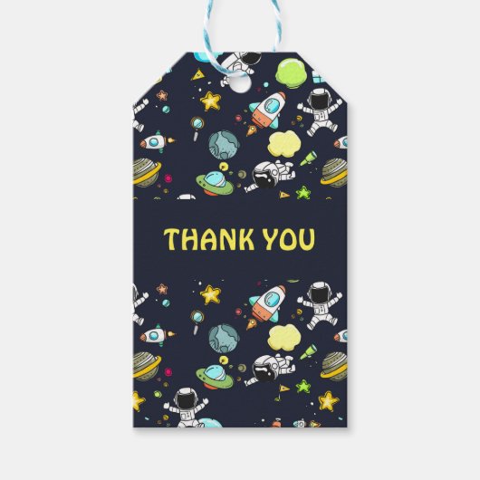 Buitenruimtetoestel en Rockets Pattern Dank u Cadeaulabel (Voorkant)