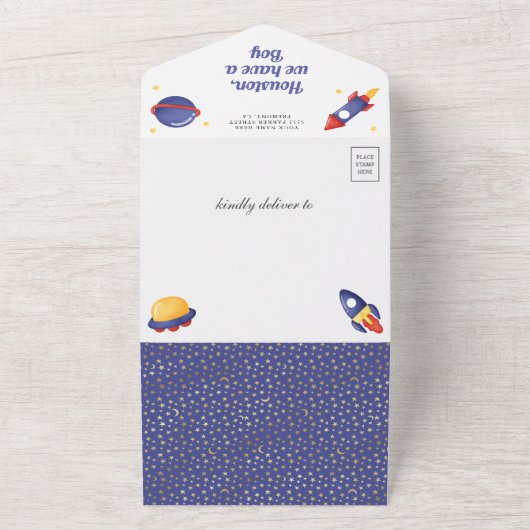 Buitenruimtetuig Teddy Bear Astronaut Baby shower All In One Uitnodiging (Buitenkant)