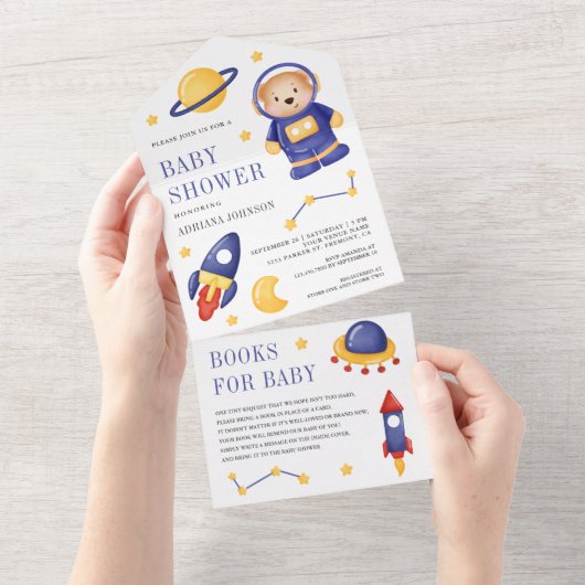Buitenruimtetuig Teddy Bear Astronaut Baby shower All In One Uitnodiging (Afscheurbaar)
