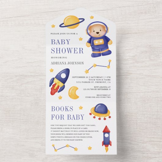 Buitenruimtetuig Teddy Bear Astronaut Baby shower All In One Uitnodiging (Binnen)