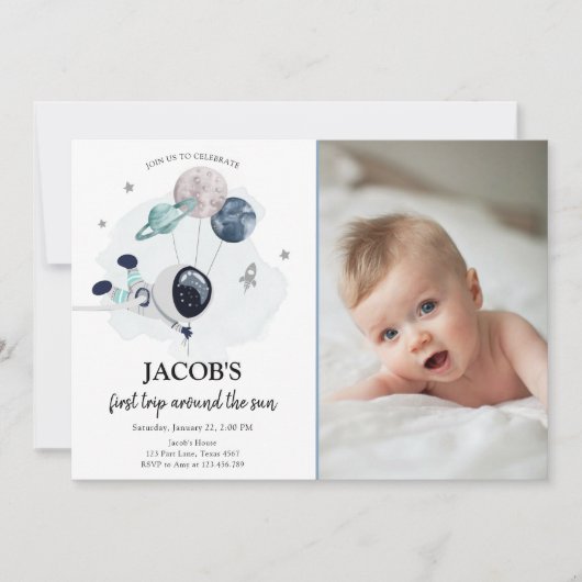 Buitenruimtetuunaut blauw jongetje eerste verjaard kaart (Voorkant)