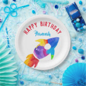 Buitenruimtevaartpartij regenboograketten papieren bordje (Feest)