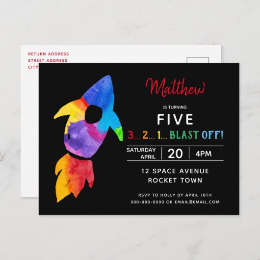 Buitenruimtevaartpartij regenboograketten uitnodiging briefkaart (Voorkant / Achterkant)