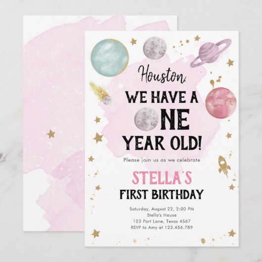 Buitenruimtevaartplanetenmeisje Eerste verjaardag  Kaart (Voorkant / Achterkant)