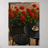 Buitenscène café met rode geraniums poster (Voorkant)
