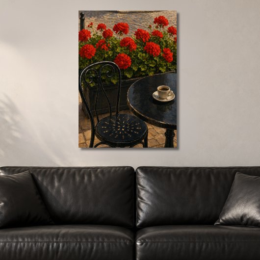 Buitenscène café met rode geraniums poster