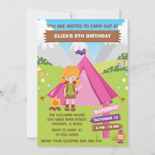 Buitenshuis Camping Birthday Red Hair Girl Invi Kaart (Voorkant)