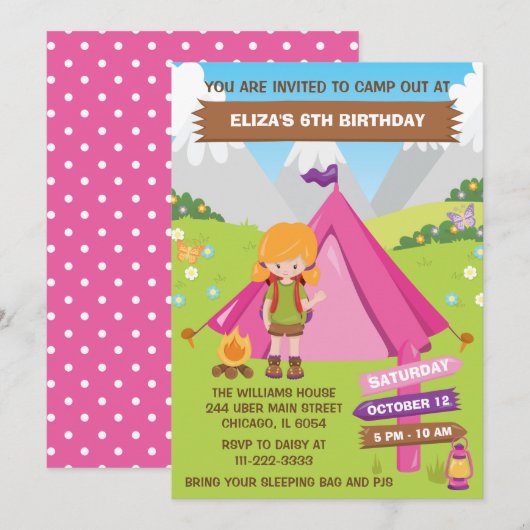 Buitenshuis Camping Birthday Red Hair Girl Invi Kaart (Voorkant / Achterkant)