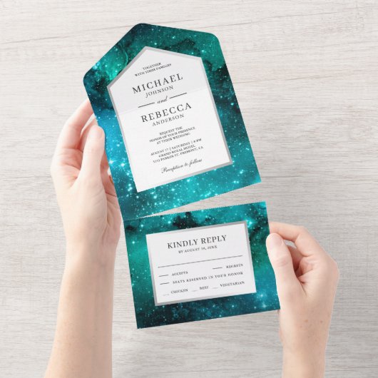 Buitenspatie Blauwgroen sterrenweddenschap All In One Uitnodiging (Afscheurbaar)