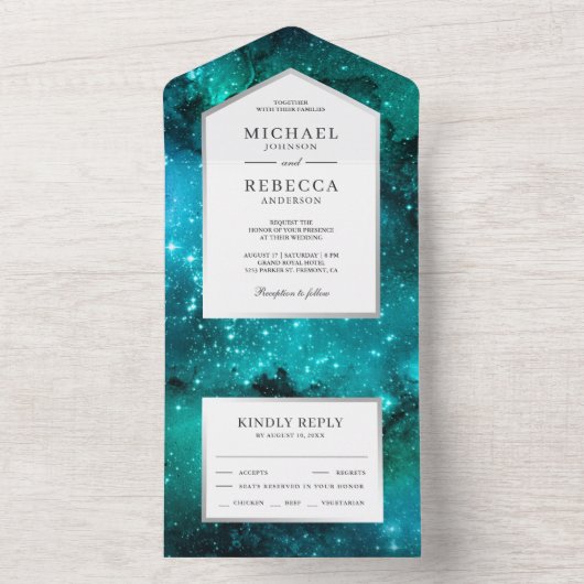 Buitenspatie Blauwgroen sterrenweddenschap All In One Uitnodiging (Binnen)