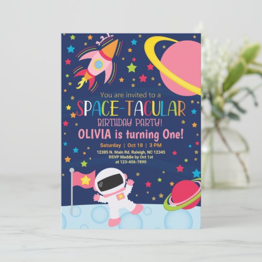 Buitenspatie ruimtetaculaire meisjesverjaardagsuit kaart (Staand voorkant)