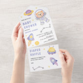Buitenspatie Teddy Bear Cute Astronaut Baby shower All In One Uitnodiging (Afscheurbaar)