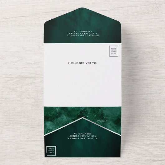 Buitenspatie Universe Emerald Green Galaxy Wedding All In One Uitnodiging (Buitenkant)