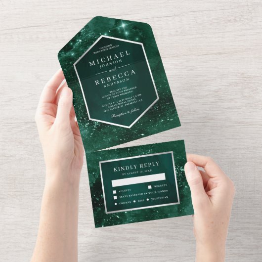 Buitenspatie Universe Emerald Green Galaxy Wedding All In One Uitnodiging (Afscheurbaar)