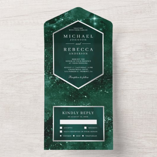 Buitenspatie Universe Emerald Green Galaxy Wedding All In One Uitnodiging (Binnen)