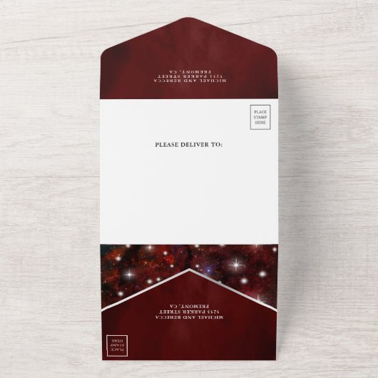 Buitenspatie Universum Maroon Red Galaxy Weddensch All In One Uitnodiging (Buitenkant)