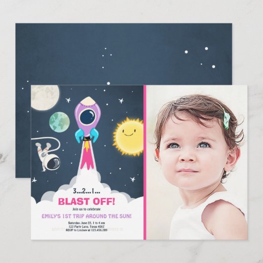 Buitenspatieroze meisje 1e verjaardag uitnodiging (Voorkant / Achterkant)