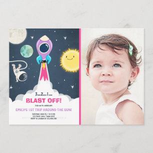 Buitenspatieroze meisje 1e verjaardag uitnodiging