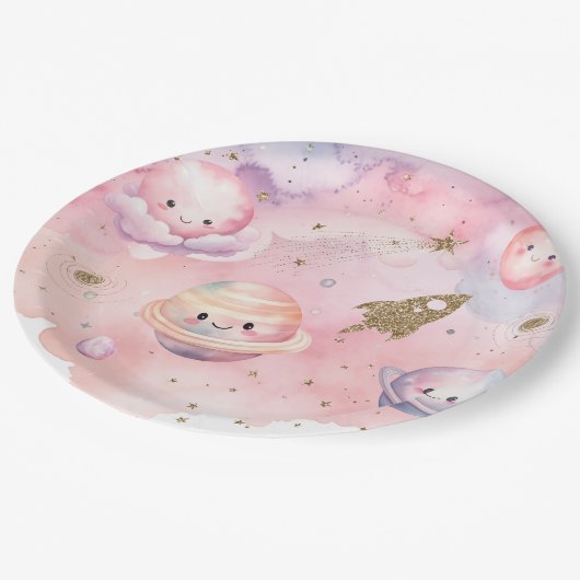 Buitenste ruimte Planeten en sterren roze meisje v Papieren Bordje (Gekanteld)