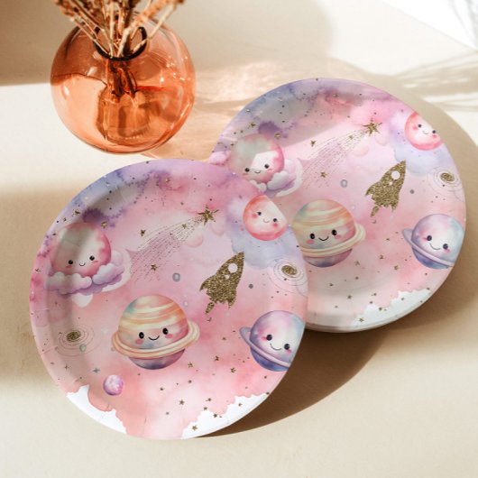 Buitenste ruimte Planeten en sterren roze meisje v Papieren Bordje