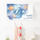 Buitenste ruimte Rocket Ship Boy verjaardagsfeestj Spandoek (Insitu)