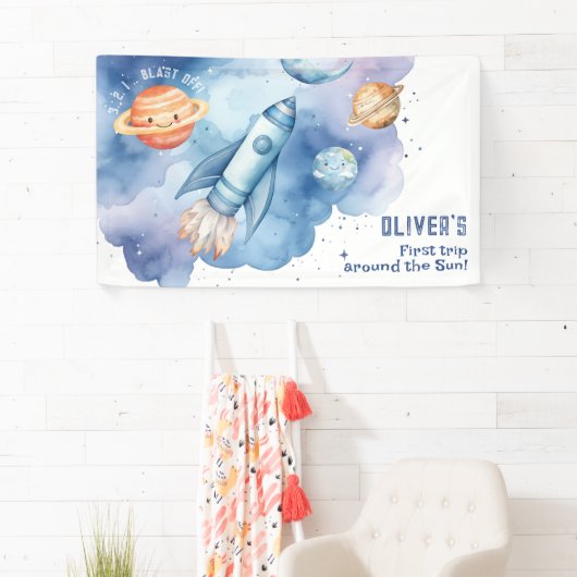 Buitenste ruimte Rocket Ship Boy verjaardagsfeestj Spandoek (Insitu)