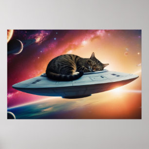 Buitenste ruimte vliegende schotel kat poster